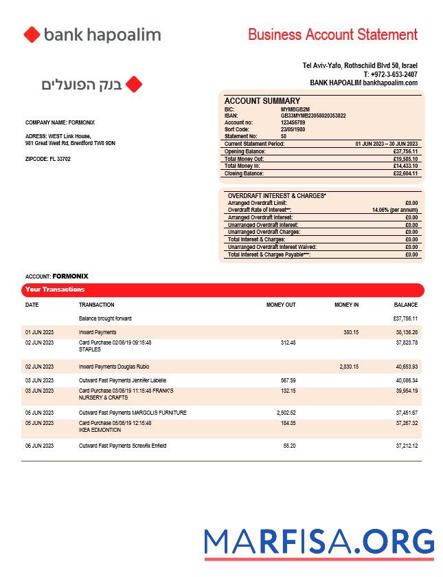 Printable Bank Hapoalim firm account statement Word and PDF template